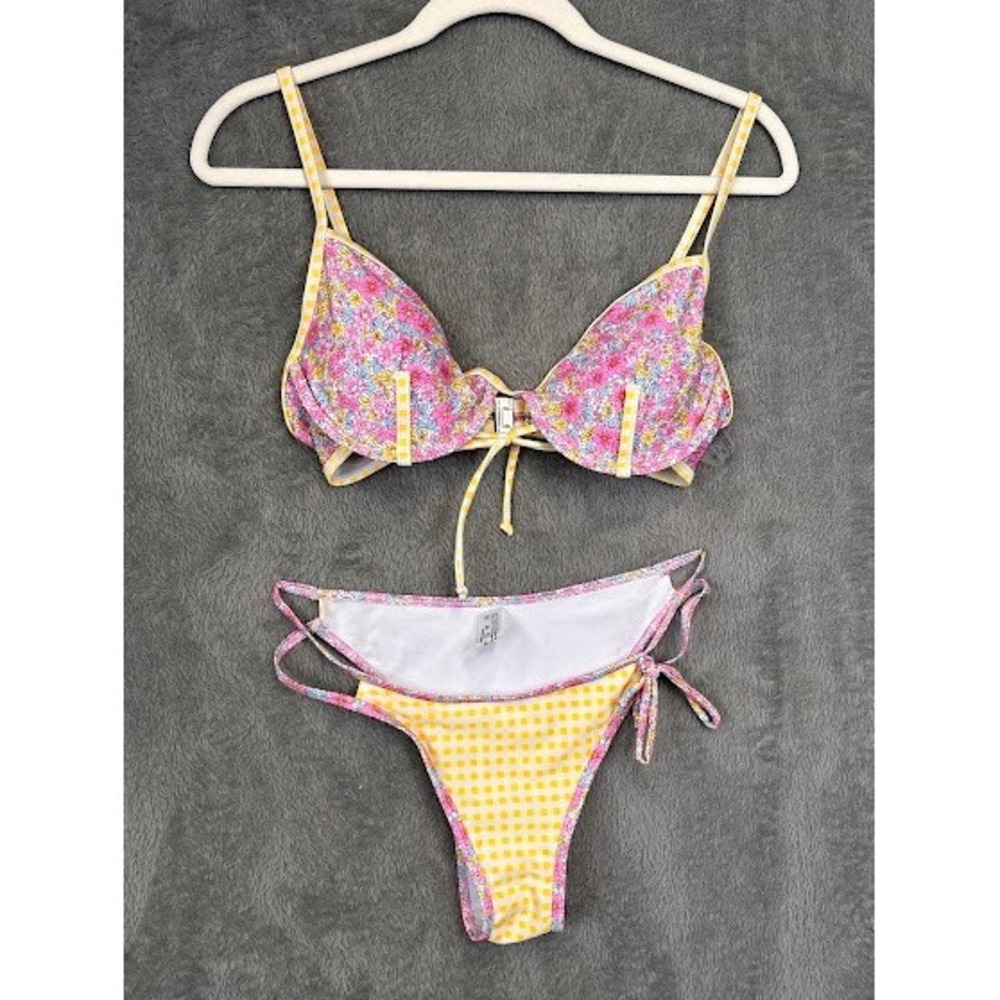 Floral Gingham Underwire Bikini Set Yellow Pink Medium Womens Swimsuit